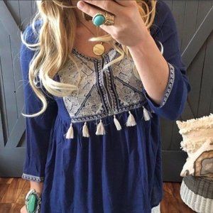 Entro Peasant Navy Embroidered Tassel Boho Blouse